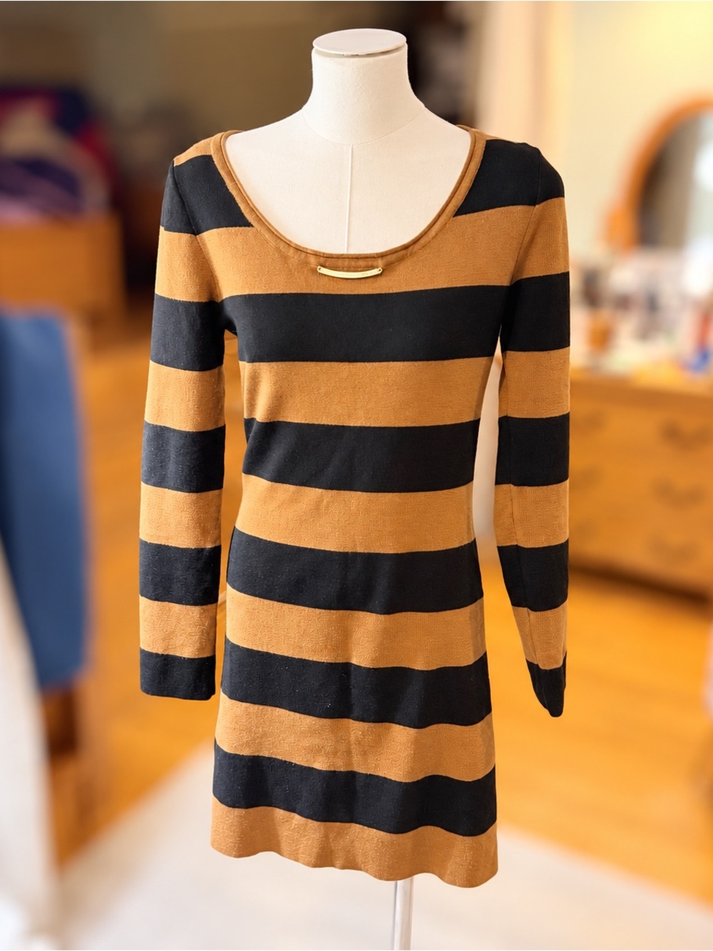 Black & Camel Striped Knit Mini Dress